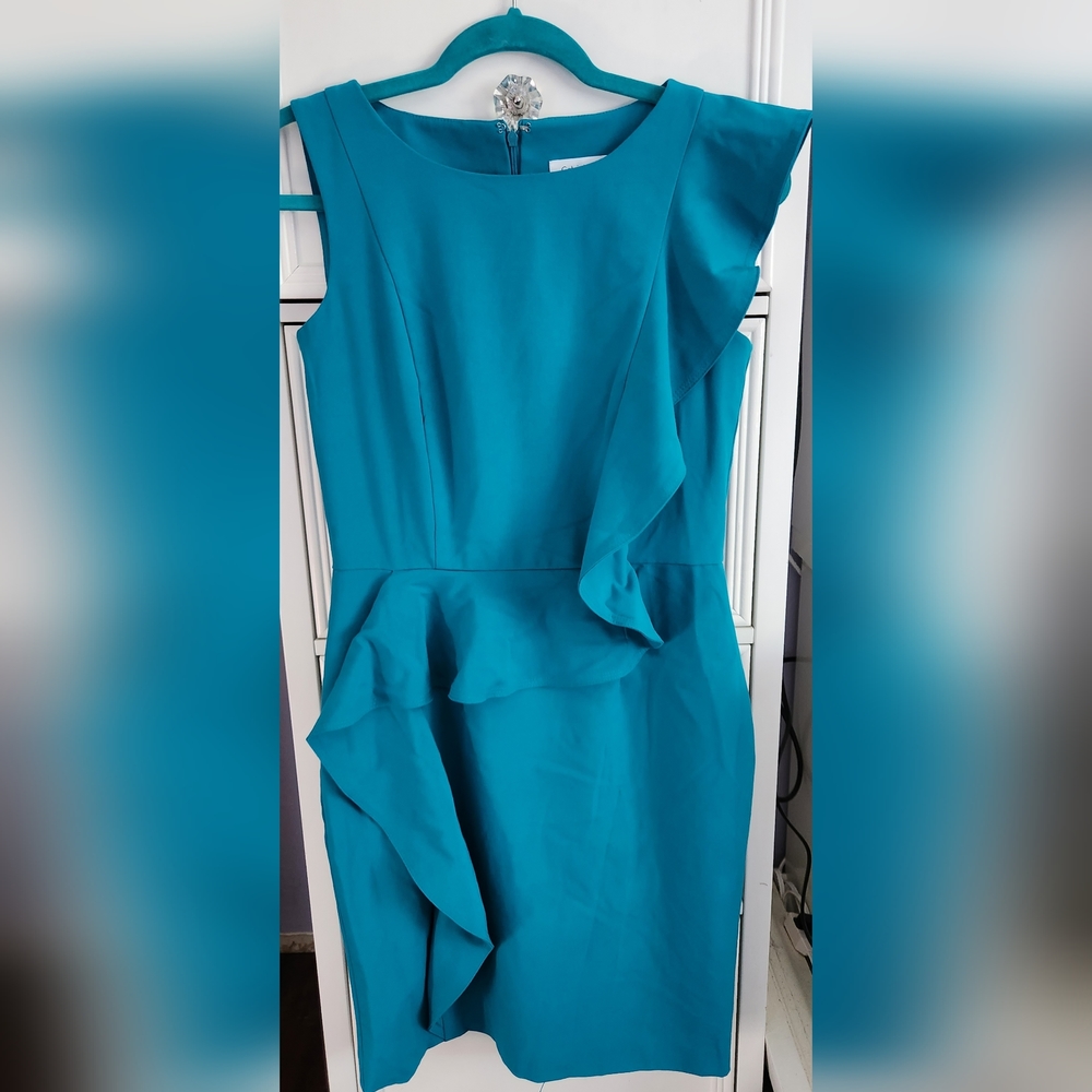 Calvin Klein Teal Asymmetrical Ruffle Sheath Dress Size 6